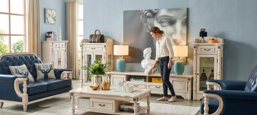 3-delige woonwand TV-nachtkastje Elegante vitrine Woonkamerontwerp Klassiek