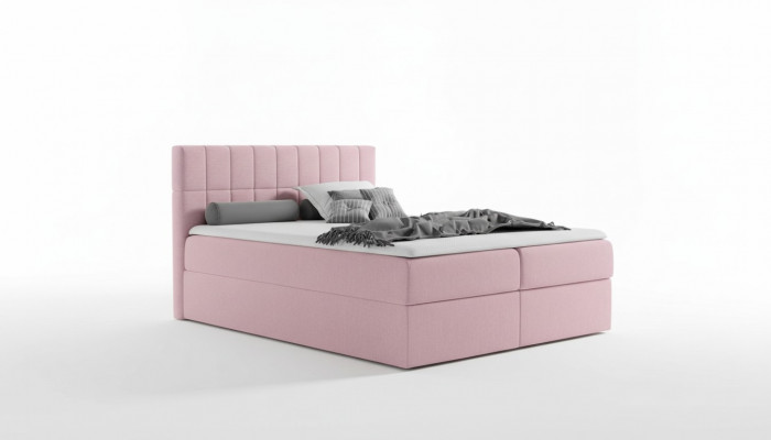 Roze stoffen boxspringbed met textielontwerp, modern tweepersoons hotelbed met opbergruimte.