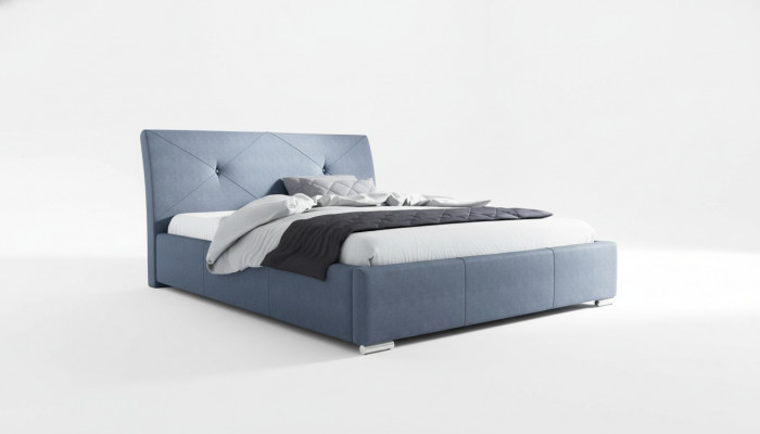 Blauw gestoffeerd tweepersoonsbed hotelbedden slaapkamer bedframe stof blauw hout
