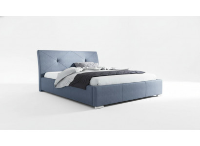 Blauw gestoffeerd tweepersoonsbed hotelbedden slaapkamer bedframe stof blauw hout