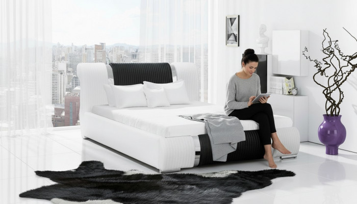 Bed Bedframe Double bed Beds Marriage bed Upholstered bed Chrome trim Furniture White