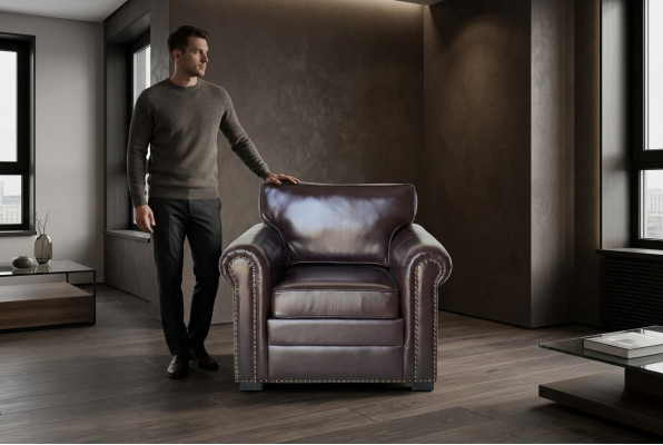 Ontwerp fauteuil van luxe leer, tv bank, eenzitter bank, ontspannen gestoffeerde lounge, nieuw.