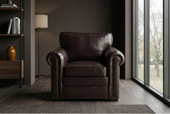 Ontwerp fauteuil van luxe leer, tv bank, eenzitter bank, ontspannen gestoffeerde lounge, nieuw.