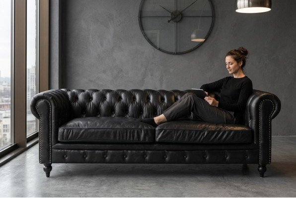 Chesterfield Bank 3-zits Modern Leer-Vezel Echt Hout Luxe Klassieke Stijl Meubels