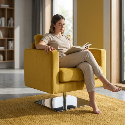 Fauteuil Stoel Bekleding TV Textiel Geel Luxe Stof Design Lounge Club Relax Nieuw