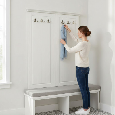 Landhuisstijl kledingrek muurgarderobe houten kapstok wit nieuw