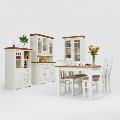 Landhuis woonkamer eetkamerset 8-delige set tafel dressoir stoelen vitrine meubels