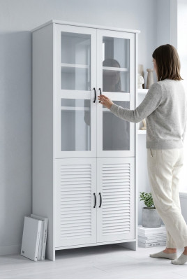 Houten glazen kast vitrines kasten wit landhuis hoge kast vitrine kast
