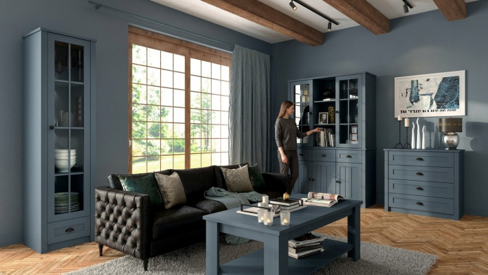 Woonkamerset vitrine ladekast woonwanden ladekasten dressoir kast tafel 4-delig   Woonkamerset met vitrinekast, ladenkast, muurkasten, dressoir, kast en tafel van 4 delen