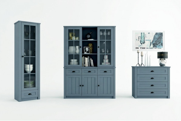 Woonkamerset vitrine ladekast woonwanden ladekasten dressoir kast tafel 4-delig   Woonkamerset met vitrinekast, ladenkast, muurkasten, dressoir, kast en tafel van 4 delen