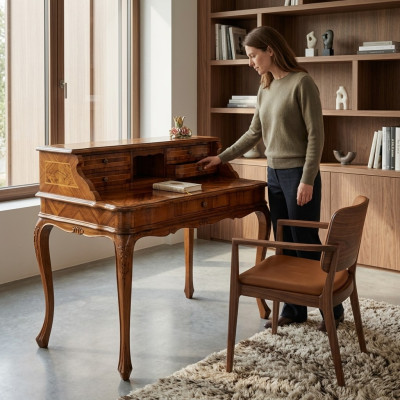 Kantoormeubels, werkbureau, bruin bureau, secretaire, computertafel, tafel, tafels.