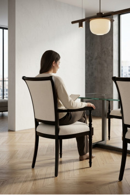 Eetkamer houten stoelen met armleuningen gestoffeerde stoel bruin ontwerp woonkamer