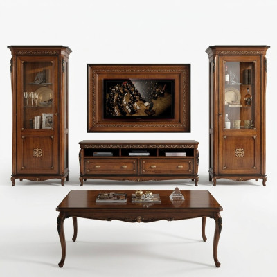 Set van 4 stuks. Woonkamer RTV-vitrine, commode, salontafel houten luxueuze setgroep.
