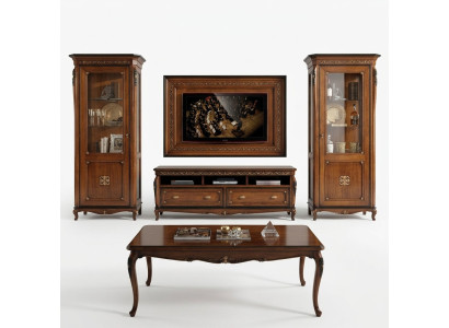 Set van 4 stuks. Woonkamer RTV-vitrine, commode, salontafel houten luxueuze setgroep.