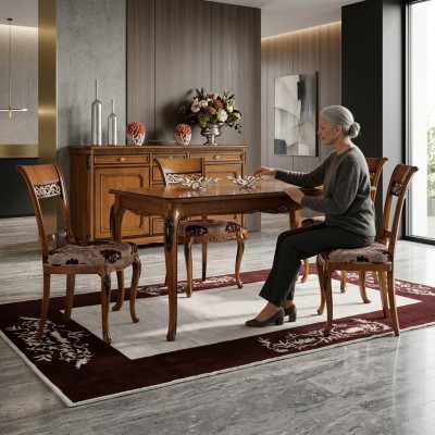 Eetkamerstoelenset met 4 stoelen in klassiek gestoffeerd design, nieuw hout.
