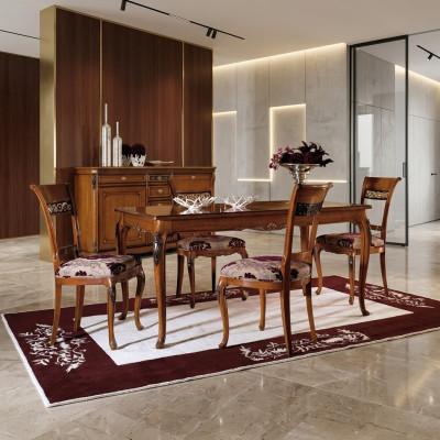 Eetkamerstoelenset met 4 stoelen in klassiek gestoffeerd design, nieuw hout.