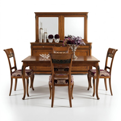 Eetkamerstoelenset met 4 stoelen in klassiek gestoffeerd design, nieuw hout.