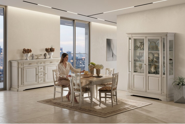 Garnituur 7-delig Houten Meubel Dressoir 4x Stoel Tafel Vitrine Nieuwe Groep Eetkamer Set