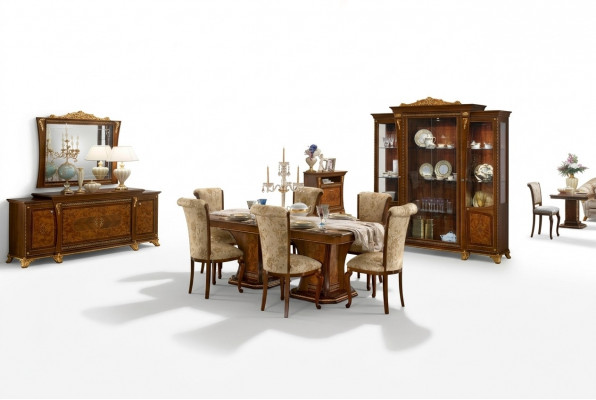 Meubelset eetkamer vitrine tafel 6x stoel dressoir spiegel barok nieuw 10-delig.
