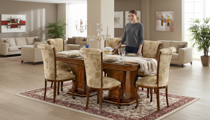 Eetkamerset met stoelen 6x, eetgroep in antieke stijl, tafel 7-delig, nieuw
