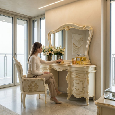 Kaptafel + Stoel Kaptafel Cosmetische Tafel Spiegel Ladenkastjes Tafels 3-delig