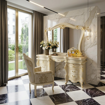 Kaptafel + Stoel Kaptafel Cosmetische Tafel Spiegel Ladenkastjes Tafels 3-delig