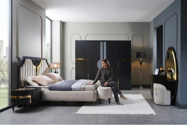 Slaapkamer Bed Nachtkastje Kledingkast Commode Spiegel Kruk Zwart 7-delig