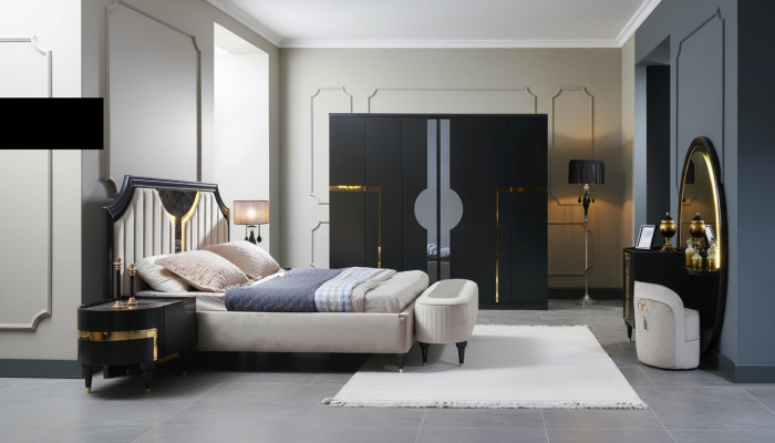 Slaapkamer Bed Nachtkastje Kledingkast Commode Spiegel Kruk Zwart 7-delig