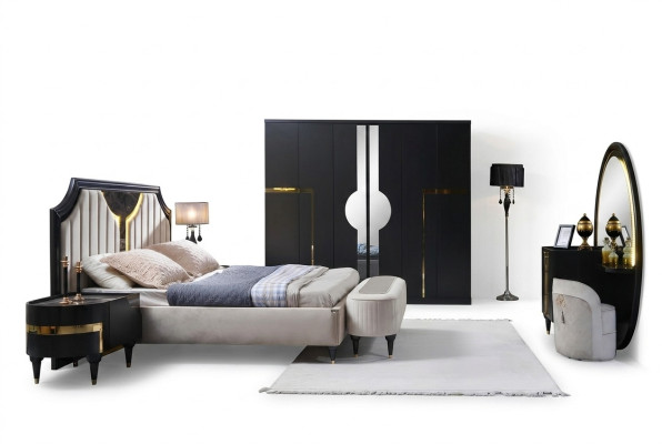 Slaapkamer Bed Nachtkastje Kledingkast Commode Spiegel Kruk Zwart 7-delig