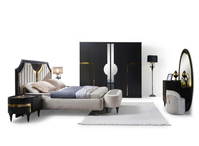 Slaapkamer Bed Nachtkastje Kledingkast Commode Spiegel Kruk Zwart 7-delig