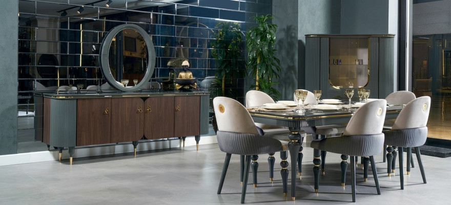 Eetkamer set met dressoir, tafel, 6 stoelen, dressoir, spiegel. Modern en nieuw, set van 10 stuks.