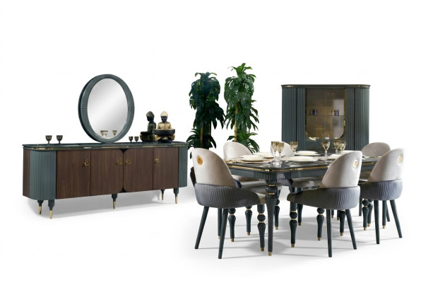 Eetkamer set met dressoir, tafel, 6 stoelen, dressoir, spiegel. Modern en nieuw, set van 10 stuks.