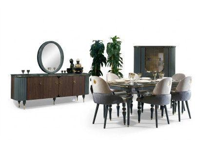 Eetkamer set met dressoir, tafel, 6 stoelen, dressoir, spiegel. Modern en nieuw, set van 10 stuks.