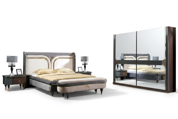 Set Slaapkamer Bed Nachtkastje Kledingkast Kruk Luxe Design 5-delig