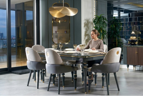Eetkamer set van fluweel textiel stoel 6x stoelen groep set woon hout echt