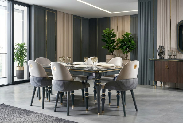 Eetkamer set van fluweel textiel stoel 6x stoelen groep set woon hout echt