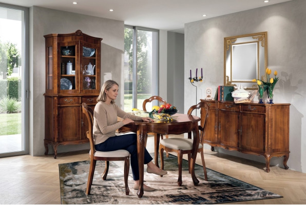 Eetkamerset 7-delig, ronde eettafel, 3 stoelen, dressoir, eetgroep, houten tafel, nieuw.