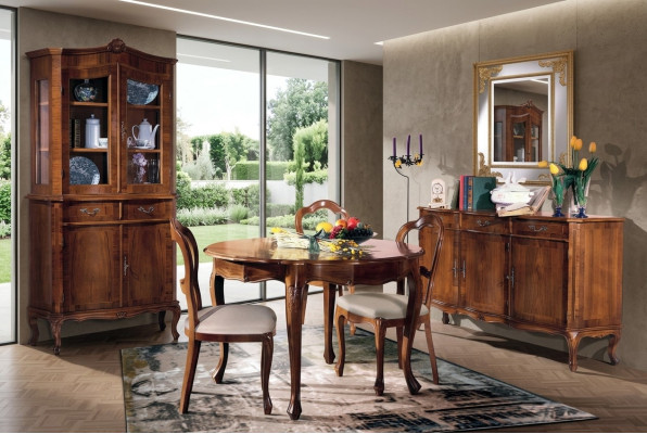 Eetkamerset 7-delig, ronde eettafel, 3 stoelen, dressoir, eetgroep, houten tafel, nieuw.