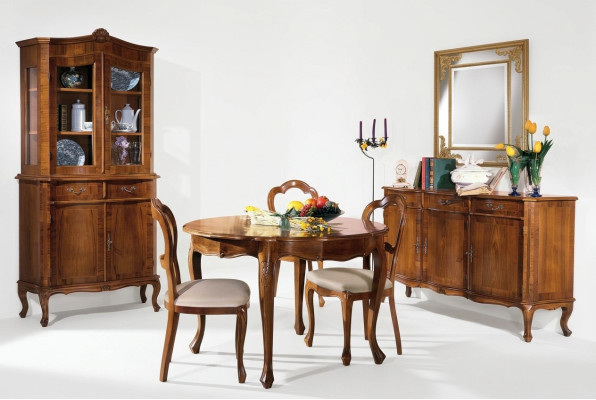 Eetkamerset 7-delig, ronde eettafel, 3 stoelen, dressoir, eetgroep, houten tafel, nieuw.