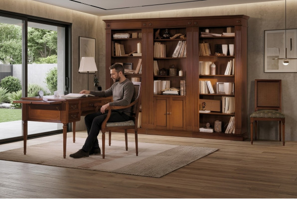 Bureau en stoel van hout met armleuningen Boekenkast Kantoorinrichting Design 3-delig