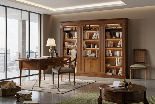Bureau en stoel van hout met armleuningen Boekenkast Kantoorinrichting Design 3-delig