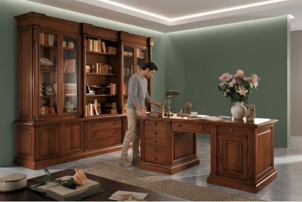 Kantoorinrichting Massief houten bureau Boekenkast Tafel Plank Kast 2-delig