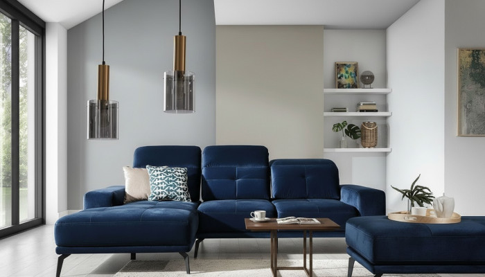 Designer bank bank hoekbank textielstoffering woonkamer set L-vormig blauw