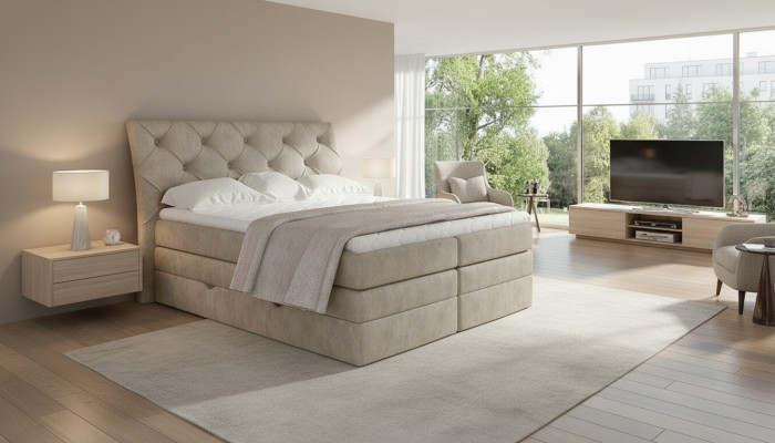 Luxe slaapkamer bed gestoffeerd Chesterfield boxspring luxe tweepersoons hotel