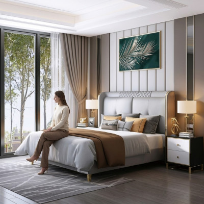 Luxe slaapkamer bed gestoffeerd ontwerp dubbel hotel huwelijk luxe bedden