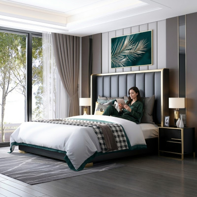 Luxe bed slaapkamer Italiaans lederen gestoffeerde tweepersoonsbedden metaal