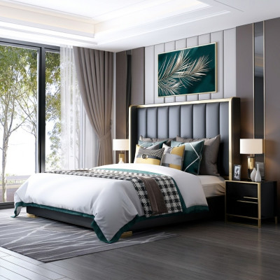 Luxe bed slaapkamer Italiaans lederen gestoffeerde tweepersoonsbedden metaal