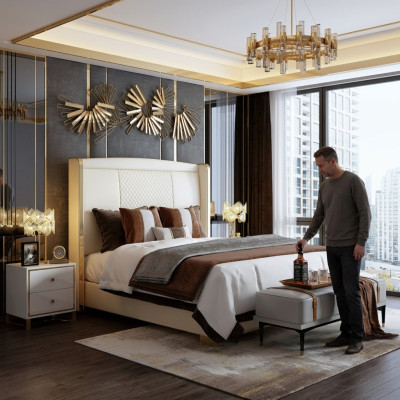 Luxe slaapkamerbed gestoffeerd ontwerp decoratie Luxe tweepersoons hotelhuwelijksbedden