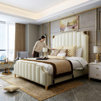 Designer tweepersoonsbed bed hotel luxe slaapkamer 180x200cm leer metaal