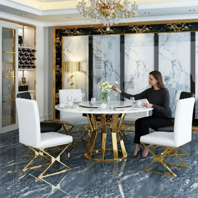 Eetkamer set Moderne eettafel + 6 leunstoelen Metaal Leer Set.